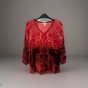Sundance Womens Red Floral Velvet Burnout‎ Sentimental Mood Silk Blend Blouse SM